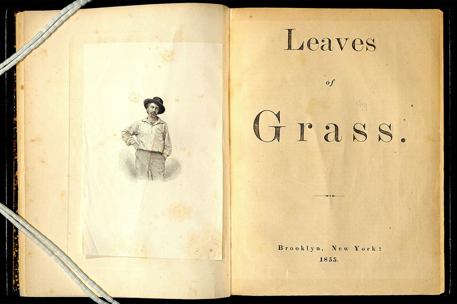 An open book weighted down in the left corners. There's a drawing of Walt Whitman on the left page and the title Leave of Grass on the right.