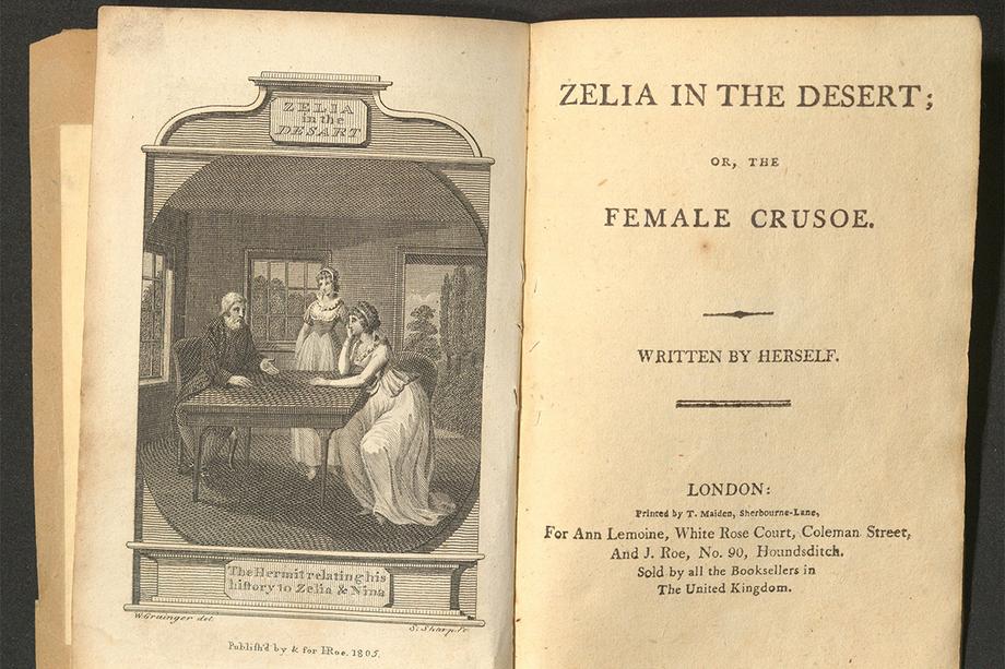 An open book with a illustration on the left and title page for Zelia in the Desert on the right.